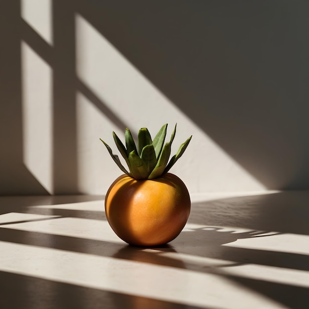 Photo persimmon with green leaves sunlight minimalist still life