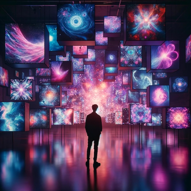 Person Absorbed in Cosmic Visuals on Floating Screens