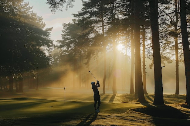 Person in action swinging golf club on the course with sunlight filtering through A golfer midswing with sunlight filtering through the trees