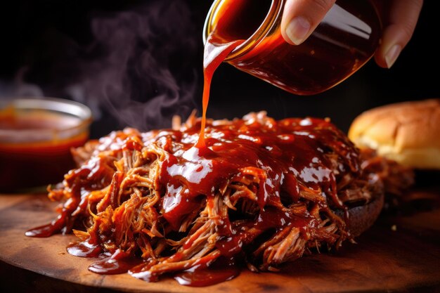 Photo a person adds rich flavorful barbecue sauce to a delicious pulled pork sandwich hand pouring homemade bbq sauce onto pulled pork ai generated