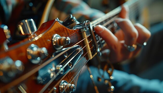 Photo person adjusting guitar tuning pegs against blurred background