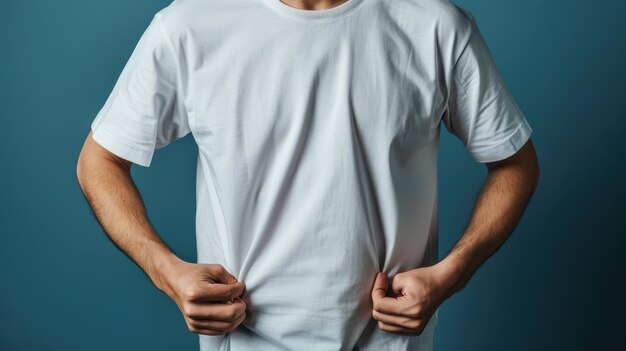 Photo a person adjusting a plain white tshirt against a solid blue background in a casual setting