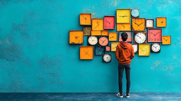 Photo a person admiring a vibrant wall of colorful clocks symbolizing the passage of time in a modern