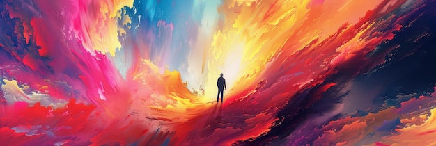 Person amidst vibrant abstract explosion A person stands before a dynamic backdrop of vivid abstract colors suggesting inspiration or creativity