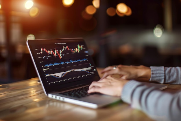 A person analyzes stock market trends on a laptop in a dimly lit environment with soft warm ambient lighting in the background