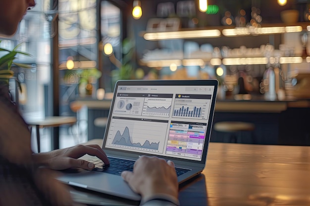 Person Analyzing Business Analytics on Laptop in Cafe