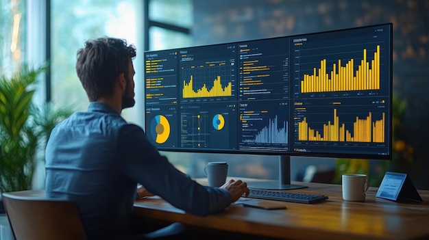 Person analyzing data on multiple screens in a modern workspace