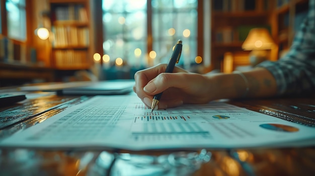 Person analyzing finances with graphs and charts at a wooden desk in a cozy study room with warm lig