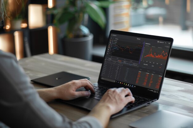 Photo person analyzing financial data on a laptop highlighting modern technology and business analytics in a workspace