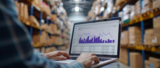 Person analyzing financial graphs on a laptop in a warehouse full of shelves stocked with multiple boxes under adequate lighting