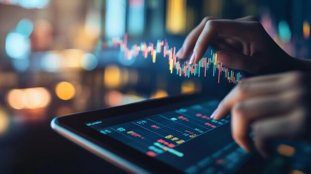 Person analyzing stock market trends on a tablet with colorful graphs in a dimly lit environment