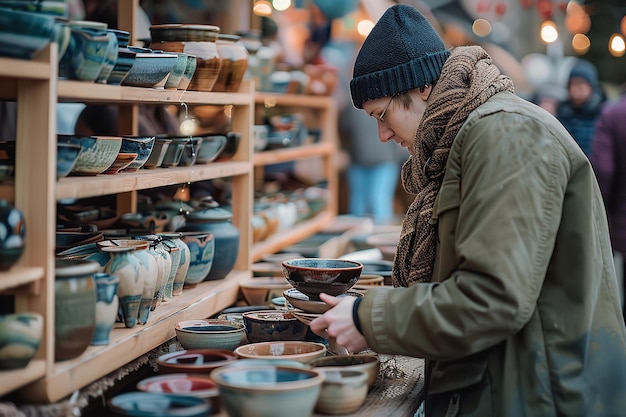 A person at an art and craft festival admiring a piece of homemade ceramics Generative AI