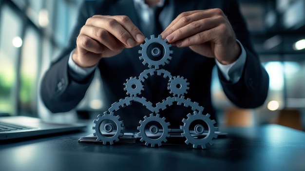 Photo a person assembling gears on a desk symbolizing teamwork and productivity