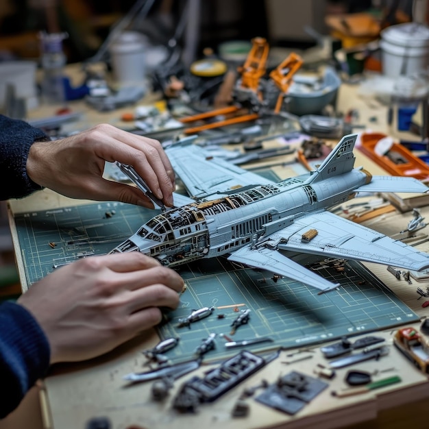 A person assembling a model airplane