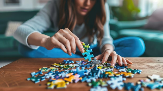 Person assembling puzzle on wooden table concentrating on intricate colorful jigsaw puzzle aig