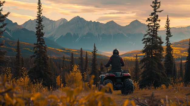 Person on atv enjoying a mountain view during golden hour