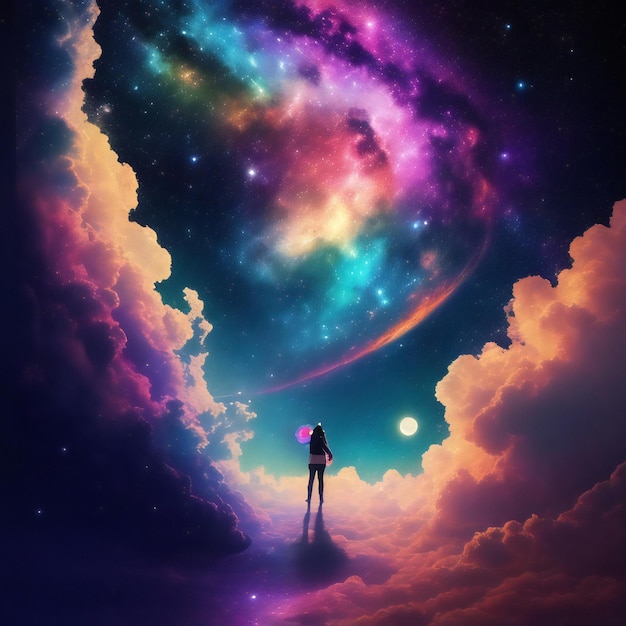 A person back under the colorful cosmic galaxies in the sky and the glowing moon