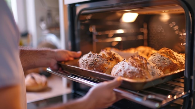 Photo person baking fresh artisan bread at home displaying a tray of loaves