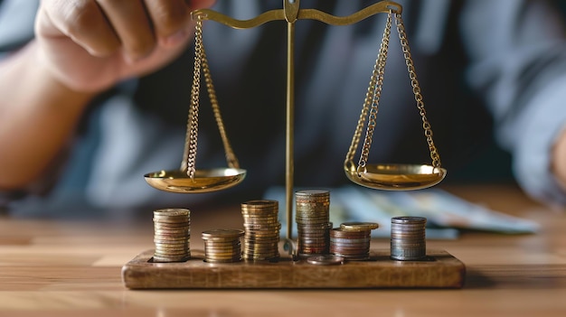 a person balancing financial scales with coins