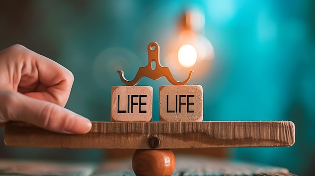 A person balancing a wooden block with the word life and a light bulb