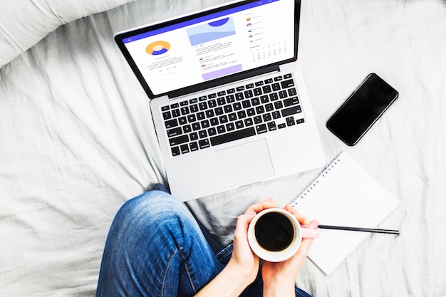 Person on bed with coffee cup and laptop