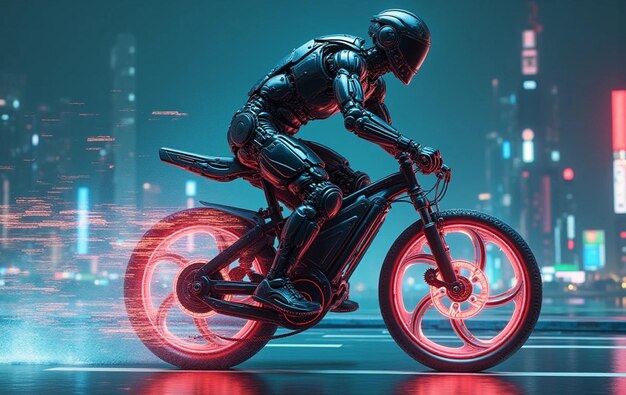 Photo a person on a bike with a neon light and a red neon light