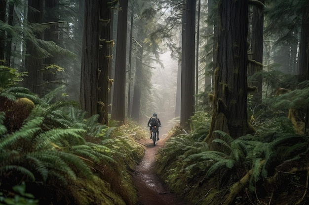 Person biking through dense forest with the trees towering above created with generative ai