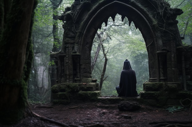 a person in a black cloak sitting in an archway in the woods