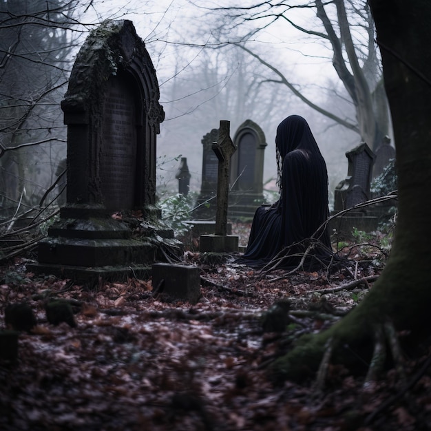 a person in a black cloak sitting in a graveyard