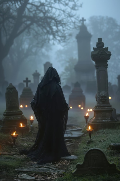 Photo a person in a black cloak standing in a graveyard with candles