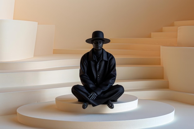 Person in black clothing and hat sitting in a minimalist white room embodying mystery and modern s