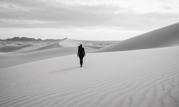 a person in a black coat walks through the sand dunes