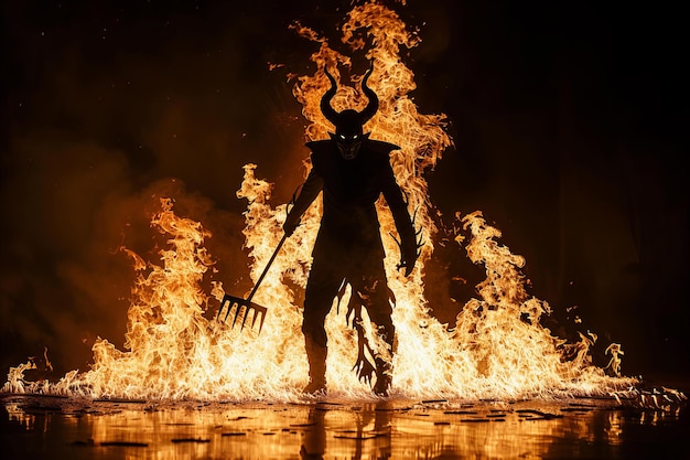 Photo a person in a black costume stands in front of a large fire that is lit up