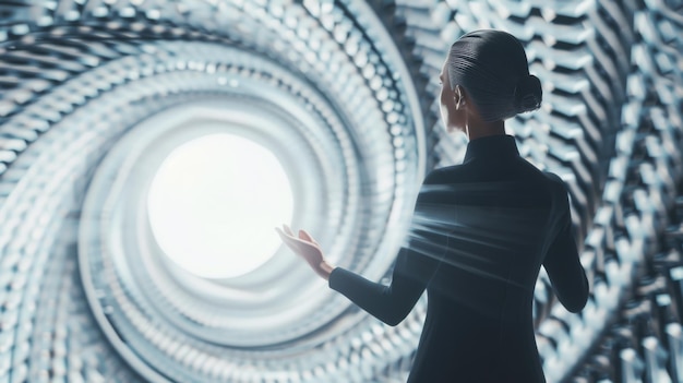 Photo a person in a black suit stands confidently in front of a bright swirling tunnel symbolizing a futuristic techadvanced journey