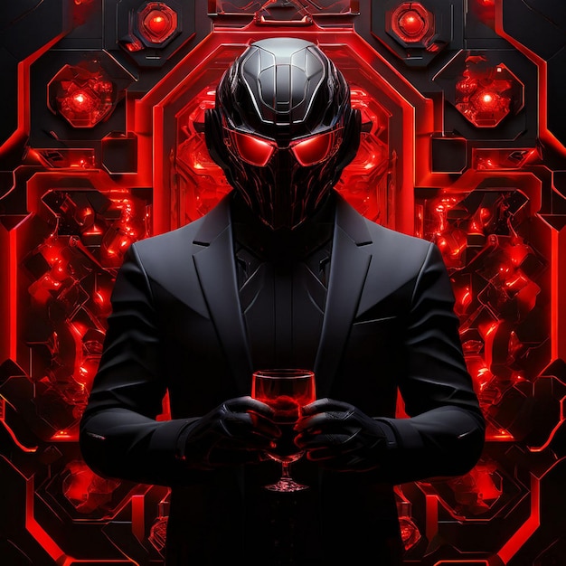 a person in a black suit with a red mask on it