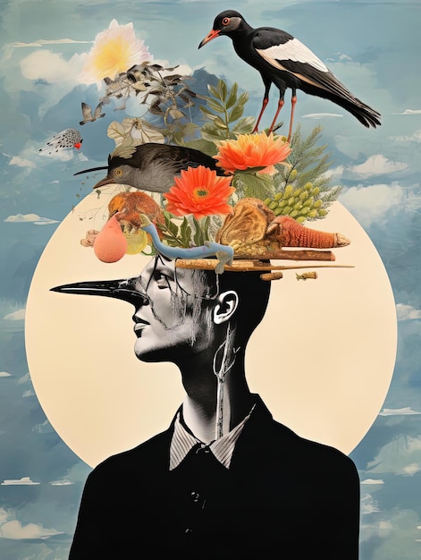 a person in a black top yanking a bird on his head in the style of multilayered collagelike