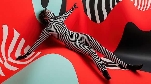 Photo person in black and white striped suit lying on red black and blue background