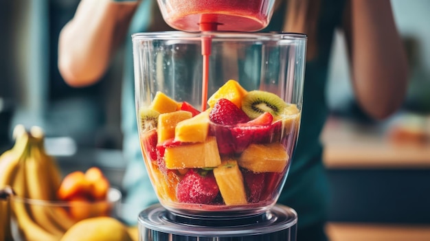 Photo a person blending fruits in a highspeed blender with vibrant fruit juices pouring out