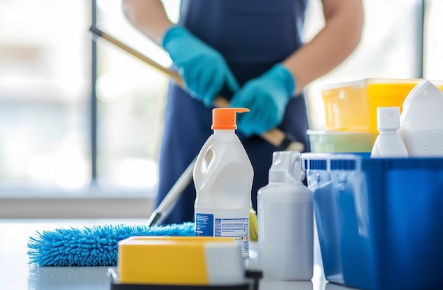 Photo a person in blue gloves is cleaning a table with various cleaning products