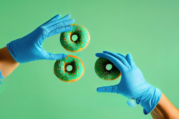 Person in blue surgical gloves reaches for donuts on a green background Generative Ai