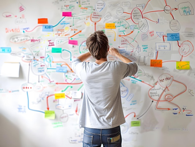 Person brainstorming on a large whiteboard with colorful notes and diagrams representing creative thinking and project planning