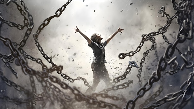 Person breaking free from chains or constraints representing liberation and newfound freedom Generative ai