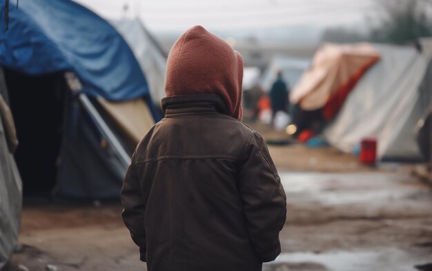 A person in a brown jacket stands in front of a large tent with the word camp on it