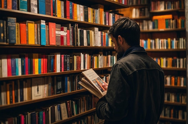 A person browsing through books in a bookstore