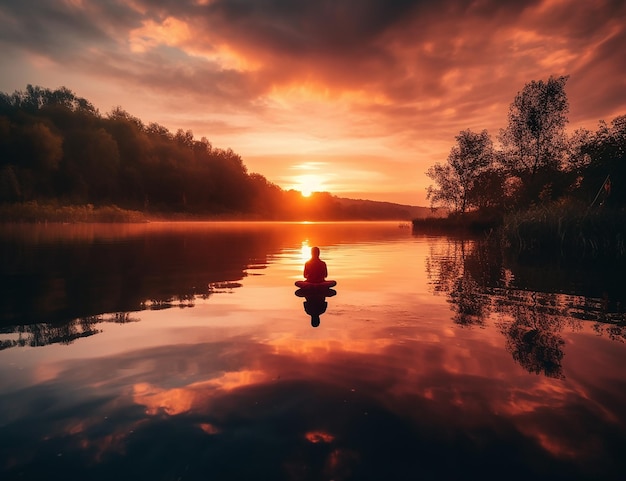 A person in a canoe on a lake at sunset