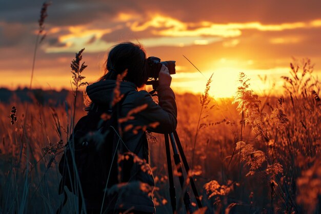 Photo a person capturing a beautiful sunset with a camera this image can be used to showcase the beauty of nature and the joy of photography