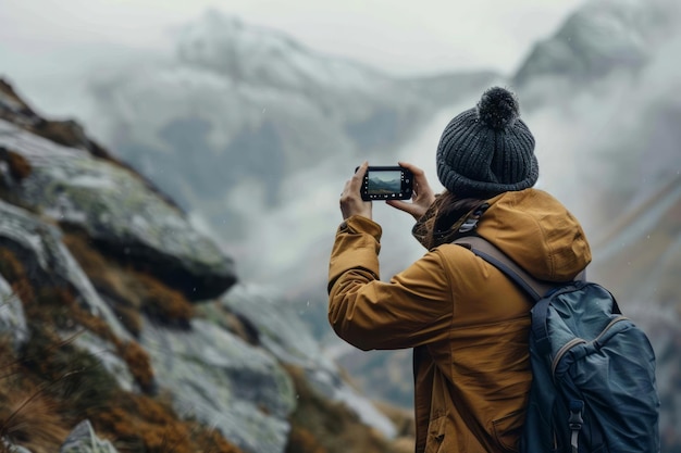 Photo a person capturing the mountain scenery with a camera or smartphone with a focus on stunning vistas