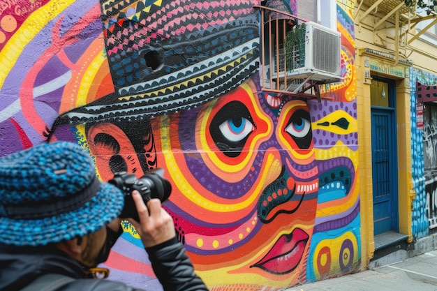 A person capturing vibrant street art on a colorful mural in an urban location during daytime