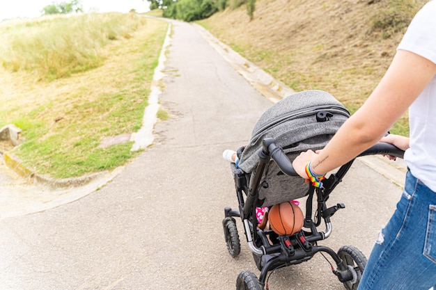 Person carrying a baby cart on a country road