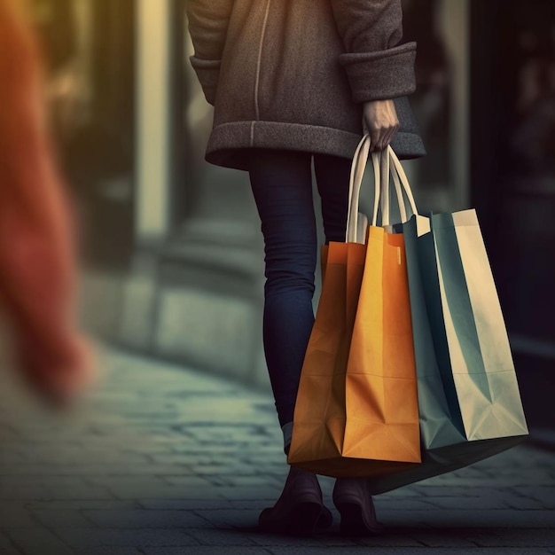 A person carrying shopping bags on a sidewalk.